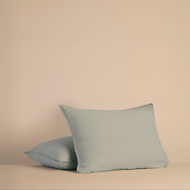 Two light blue shams and pillows on a beige background