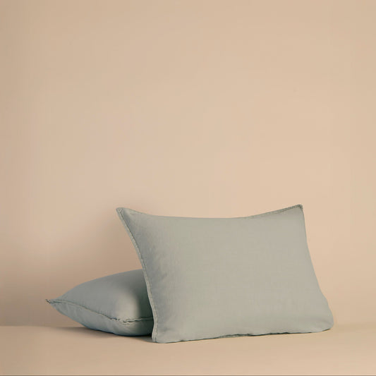 Two light blue shams and pillows on a beige background