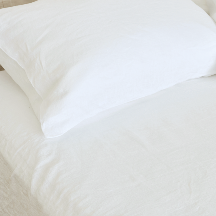 Hemp Fitted Sheet, White on bed with pillow and pillowcase 